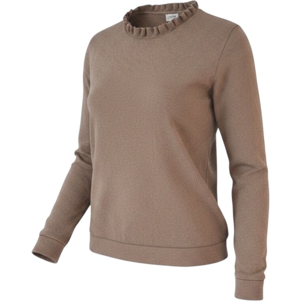 J.Crew Women XL Brown Ruffle Mock Neck 100% Cotton Long Sleeve Knit Sweater